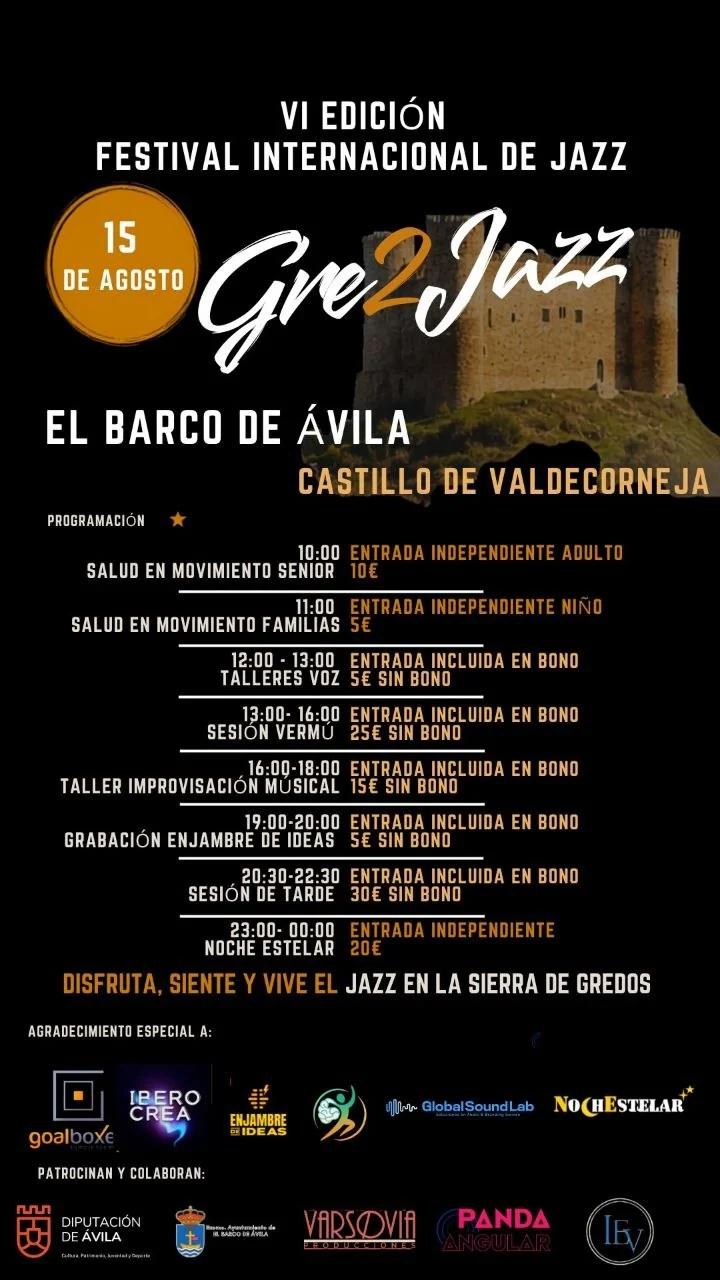 Programa oficial del Festival Gre2Jazz 2026 con horarios y precios del 15 de agosto