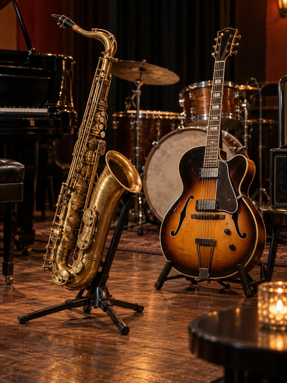 Saxophone, hollow-body guitar, drums and piano on a jazz stage